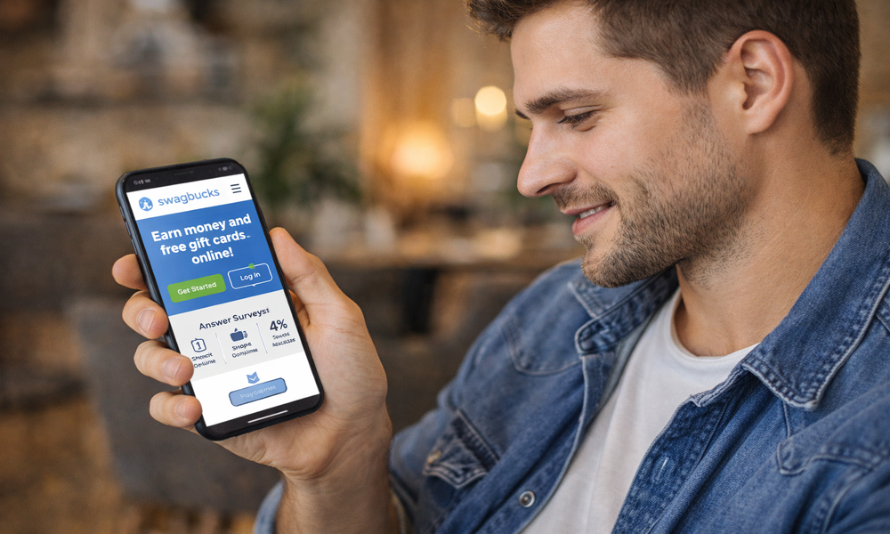 Person earning extra money as a side hustle on SwagBucks taking surveys and playing games